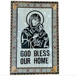 Vintage Wood And Mosaic Wall Plaque Virgin Mary Mother Of Pearl 12x8.5"